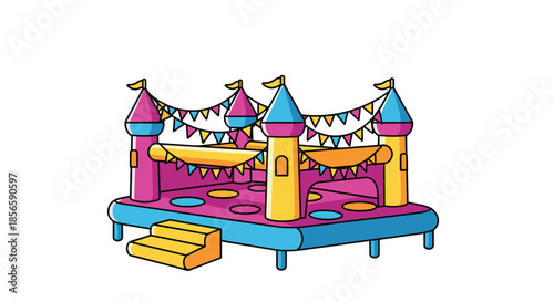 Colorful inflatable bouncy castle with turrets and flags stands ready for a fun children party on a white background.