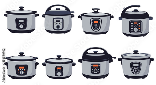 Diverse collection of modern electric multi-cookers in various designs and sizes for efficient home cooking and meal preparation.