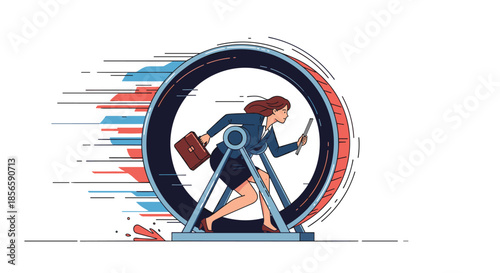 Determined businesswoman in a professional suit runs inside a large hamster wheel symbolizing the repetitive nature of office work life.