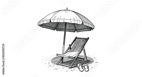 Relaxing beach scene sketch features a sun umbrella and a deck chair with flip-flops on the sand creating a peaceful vacation atmosphere.