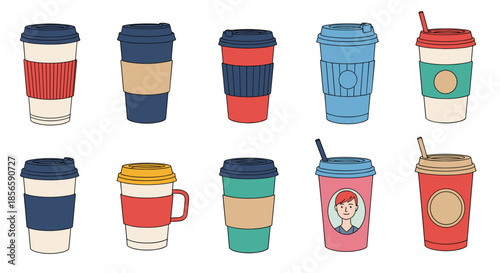 Variety of disposable coffee paper cups with different colors and patterns are shown for takeout beverage service in a cafe or restaurant.