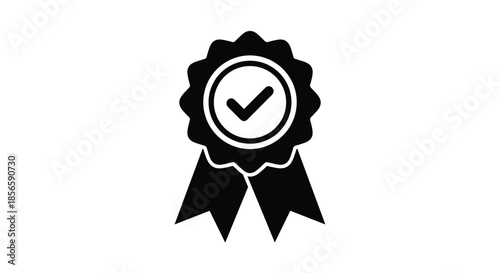 Professional quality assurance seal icon features a check mark inside a circular badge with ribbons representing excellence and certificate.