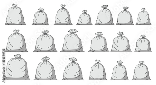 Collection of various sized white sacks or bags filled with grain or flour are arranged in rows for storage and distribution purposes.