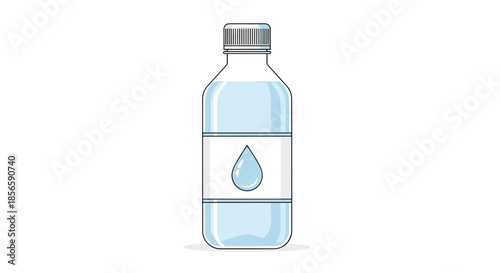 Simple illustration of a clear plastic water bottle filled with refreshing liquid features a blue droplet icon on its clean white label.