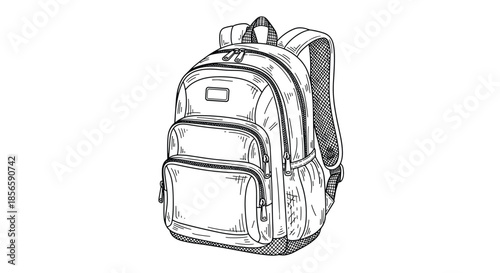 Detailed black and white sketch of a modern school backpack with multiple compartments and padded straps is perfect for student use.