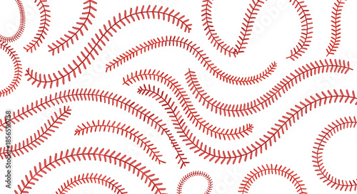 Repeating pattern of red baseball stitching curves across a white background creates a dynamic and recognizable sports themed graphic design.