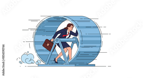 Ambitious female professional runs tirelessly in a blue hamster wheel depicting the stress and cycle of a modern corporate career path.