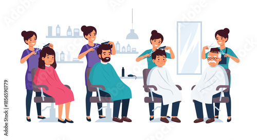Busy barbershop scene shows professional hair stylists cutting the hair of various male and female customers in a modern salon environment.