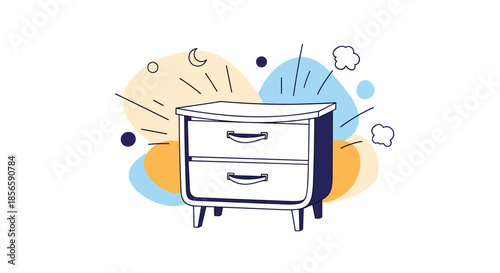 Stylish modern nightstand with two drawers and slim legs is shown against a decorative background with moon and cloud icons for bedroom.