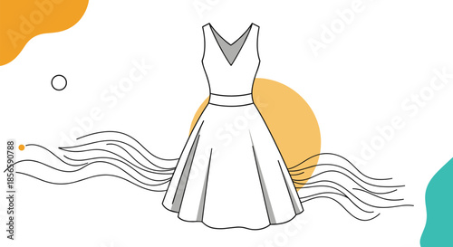 Elegant white sleeveless dress illustration features a simple design with a flared skirt and v-neckline for fashion and clothing concepts.