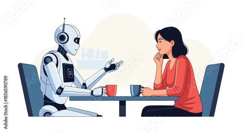 Intelligent humanoid robot and a young woman have a conversation over coffee during a date illustrating the future of human-AI interaction.