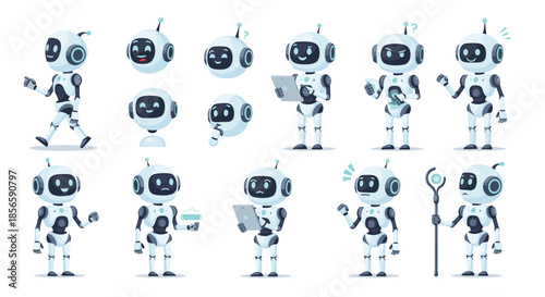 Selection of small white robot characters with blue glowing eyes display different emotions and gestures for futuristic technology projects.