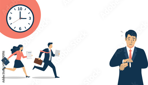 Business urgency illustration, time pressure, deadline stress, office rush, clock scene, workplace anxiety, running employees, punctuality concept, vector design