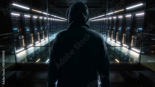 Man Amidst Server Corridor, Hooded Individual Standing In Data Center Surrounded By Blinking Lights