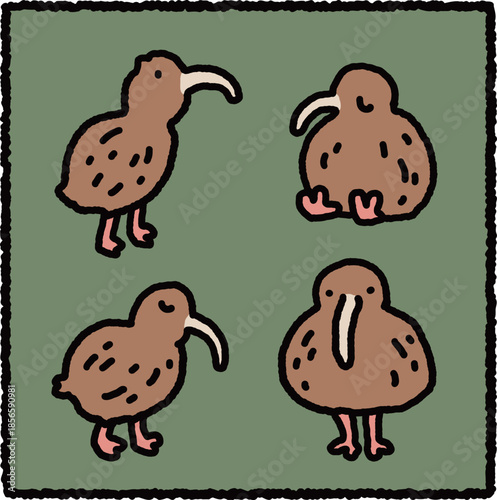 Cute Kiwi Bird Cartoon Illustration Set
