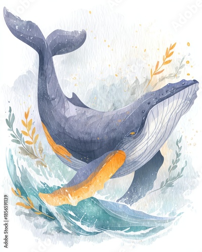 Whale dramatic lighting concept, A beautiful watercolor illustration of a whale in the ocean.