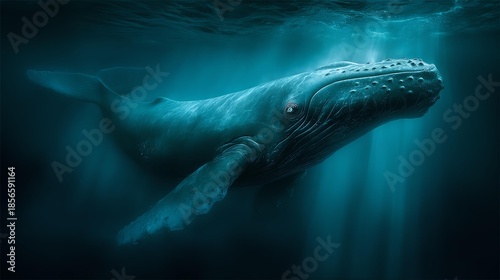 Whale dramatic lighting concept, A majestic whale swimming gracefully in deep ocean waters.