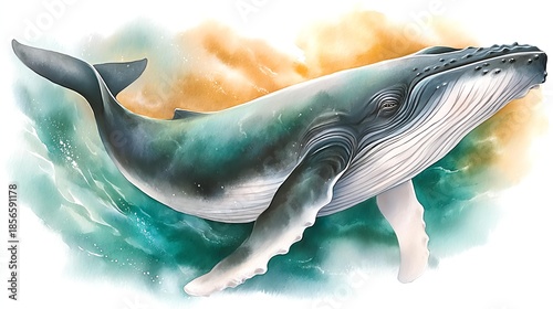 Whale dramatic lighting concept, A majestic whale swimming gracefully in vibrant ocean waters.