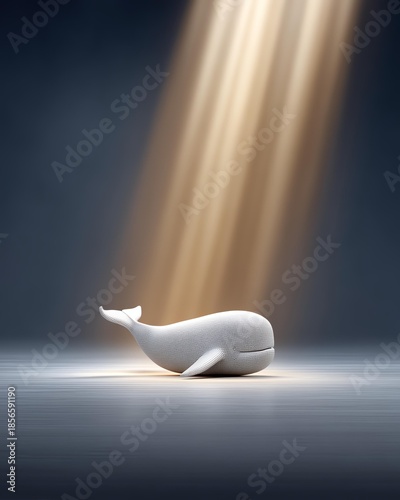 Whale dramatic lighting concept, A minimalistic white whale illuminated by soft light beams.