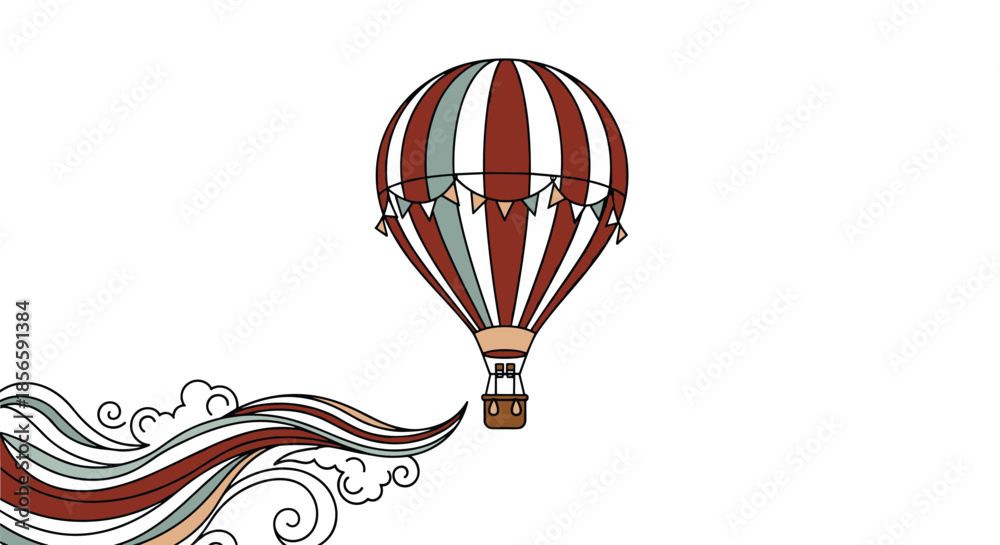 Obraz premium Vintage style hot air balloon featuring red and white stripes flying high above several decorative swirling clouds.