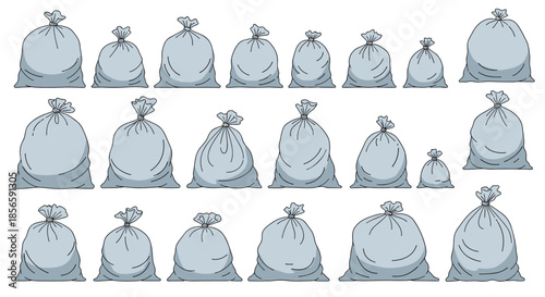 Large collection of various sized gray sacks or bags tied with string arranged in rows on a white background.