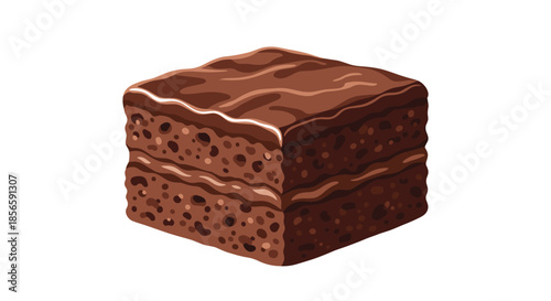 Close up illustration of a delicious chocolate brownie cake with a rich dark icing on top against a plain white background.