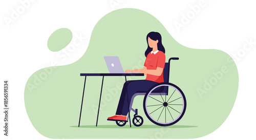 Woman using a laptop while sitting in a wheelchair at a desk representing workplace accessibility and inclusion.
