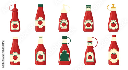 Collection of ten different tomato ketchup bottle designs with various shapes caps and labels for condiments.