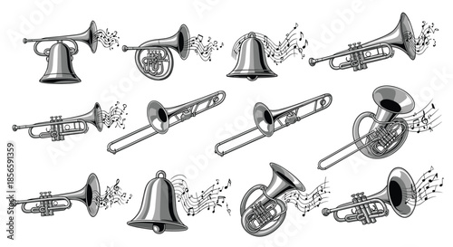 Assortment of musical brass instruments including trumpets trombones and bells with flowing musical notes around them.