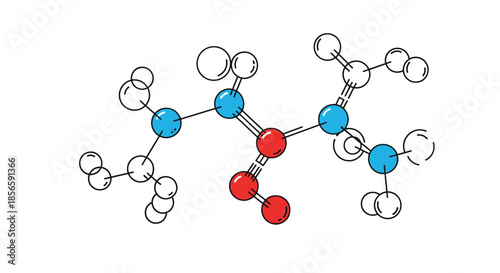 Scientific molecular structure model with colorful spheres representing atoms connected by bonds on a white background.