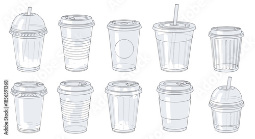 Set of ten clear plastic disposable cups for cold drinks in various sizes and shapes including lids and straws.