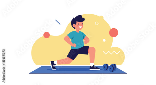 Young man in blue sports clothes performing a lunge exercise on a blue yoga mat in a gym against a yellow background.