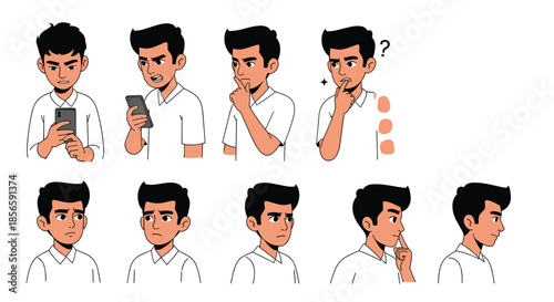 Sequence of character facial expressions showing a young man experiencing various emotions like thinking and confusion.