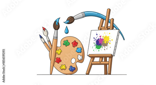Set of artist tools including a wooden easel with a colorful paint splash canvas palette and many different brushes.