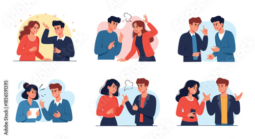 Collection of various diverse couples having intense arguments and showing different expressions of anger or frustration.
