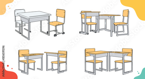 Selection of different styles and arrangements of school desks and chairs for students in a classroom setting.