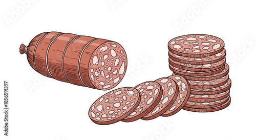 Detailed illustration of a whole salami sausage with a pile of round slices and a few individual pieces next to it.