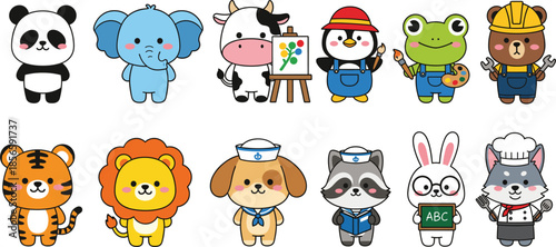 Cute Animal Characters in Professional Roles Cartoon Vector Set, Kids Mascot Illustration Isolated on White Background
