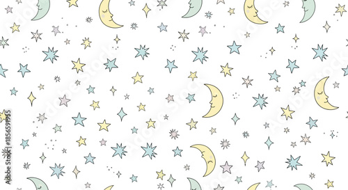 Cute celestial pattern featuring smiling moons and stars on a white background illustration