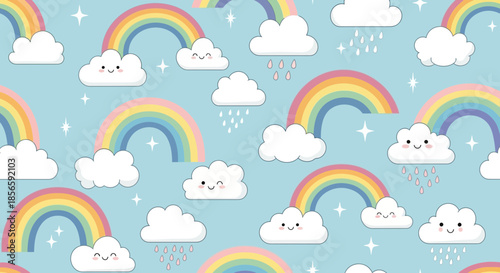 Delightful pastel rainbow pattern featuring cute clouds and twinkling stars on light blue sky