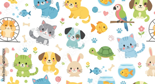 Delightful Pet Paradise: A Charming Seamless Pattern Featuring Adorable Cartoon Animals