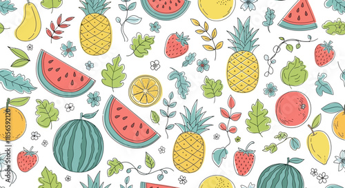 Delightful summer fruit pattern featuring vibrant pineapples and refreshing watermelons design