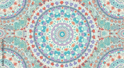 Detailed mandala pattern with intricate floral and geometric elements in pastel colors and