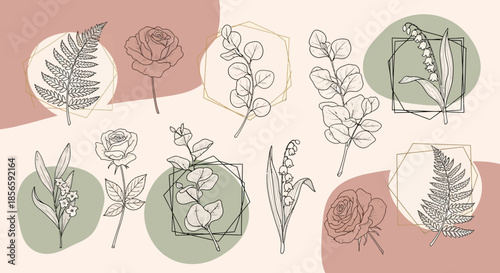 Elegant botanical line art pattern featuring roses ferns eucalyptus and lily of the valley