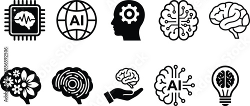 Artificial intelligence brain icons, cognitive science, neural networks, flat vector illustration, innovation, mental wellness, tech concept, black and white