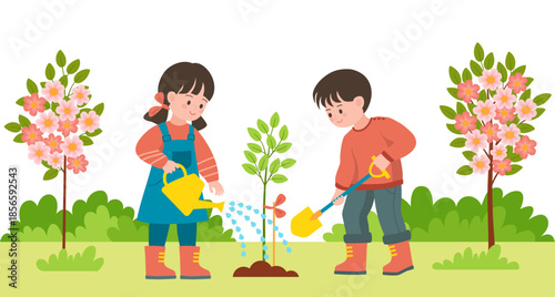 Little children planting tree together. Little boy and girl working together outdoors in the garden.