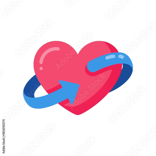 A red heart with a blue arrow circling around it, symbolizing love, care, or a continuous cycle.