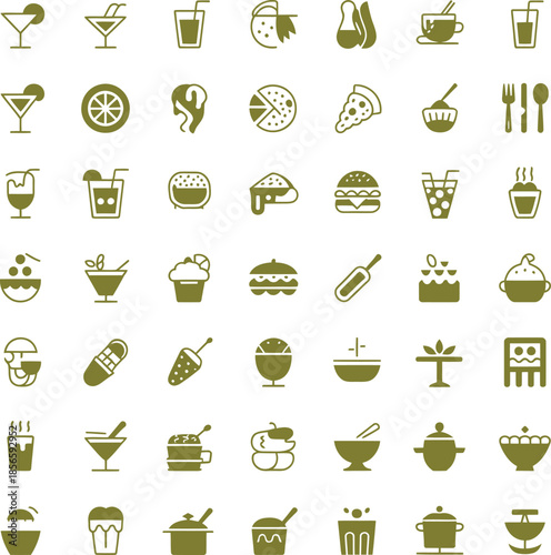 Vector grid of olive green culinary icons featuring food, drinks, utensils, and cookware for creative menu design.