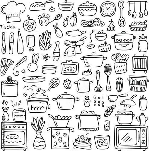 Hand-drawn vector illustration of whimsical kitchen tools, utensils, appliances, and ingredients in a dense black-and-white layout.