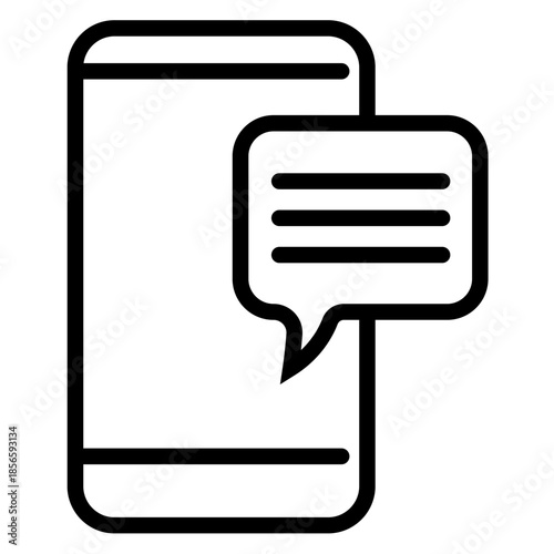 Smartphone with chat bubble icon representing mobile communication, messaging, customer support, and online conversation. Clean black outline style.